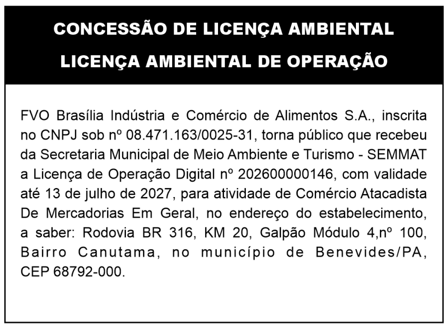 AVISO LEGAL: CONCESSÃO DE LICENÇA AMBIENTAL