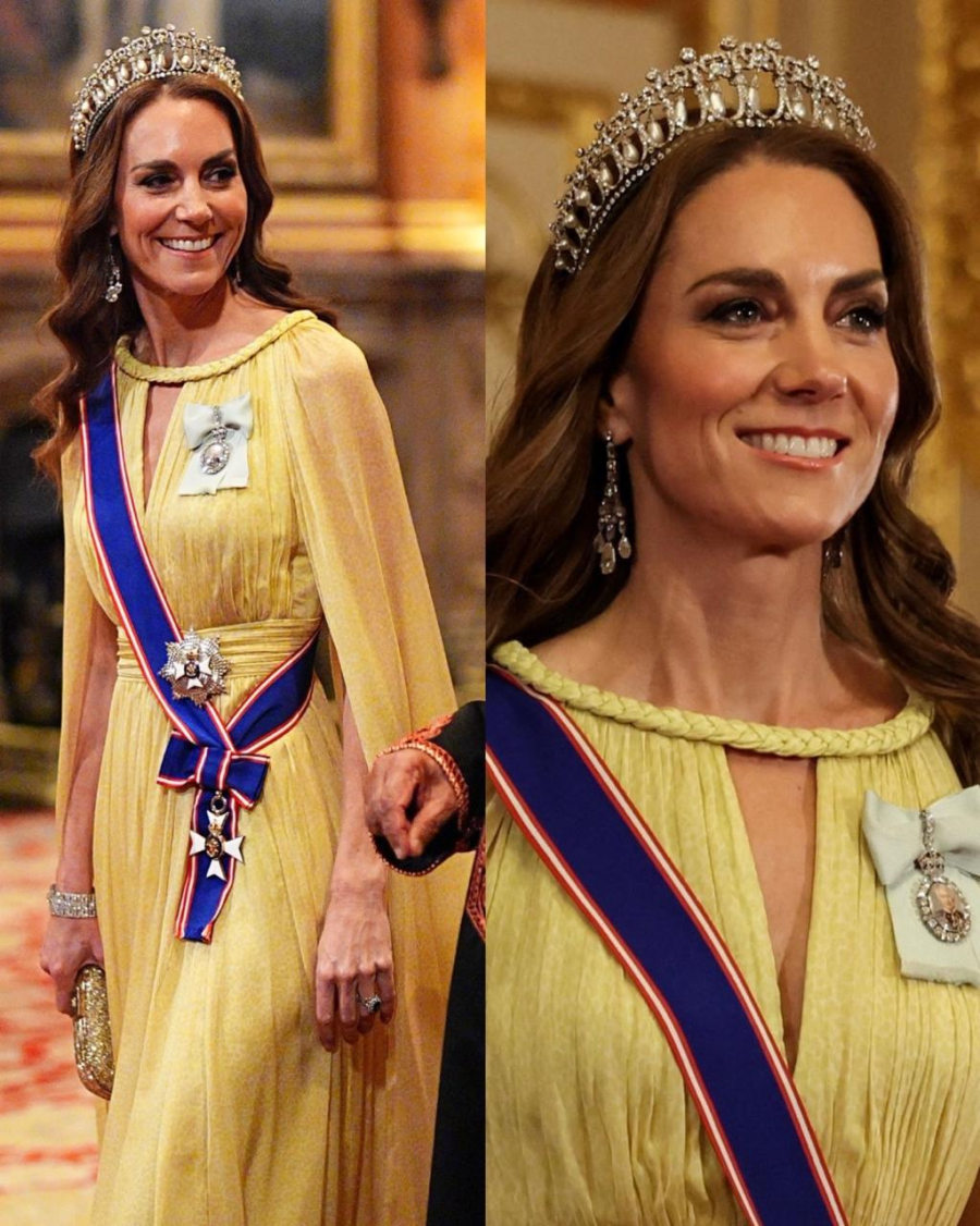 Kate Middleton aposta em vestido amarelo de Elie Saab e joias históricas em jantar de gala no Castelo de Windsor 
